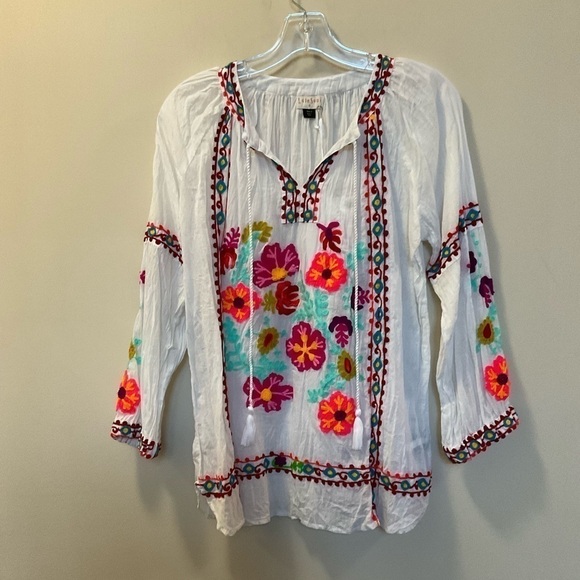 Lula Soul White Multicolored Embroidered Long Sleeve Tunic Top Size Small - Picture 1 of 6